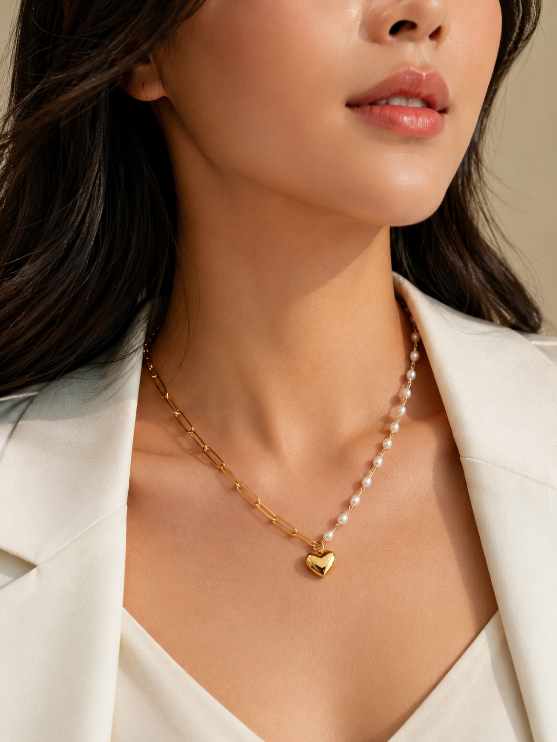 Gold-Plated Heart Pendant Pearl Chain Necklace | Stainless Steel Jewelry