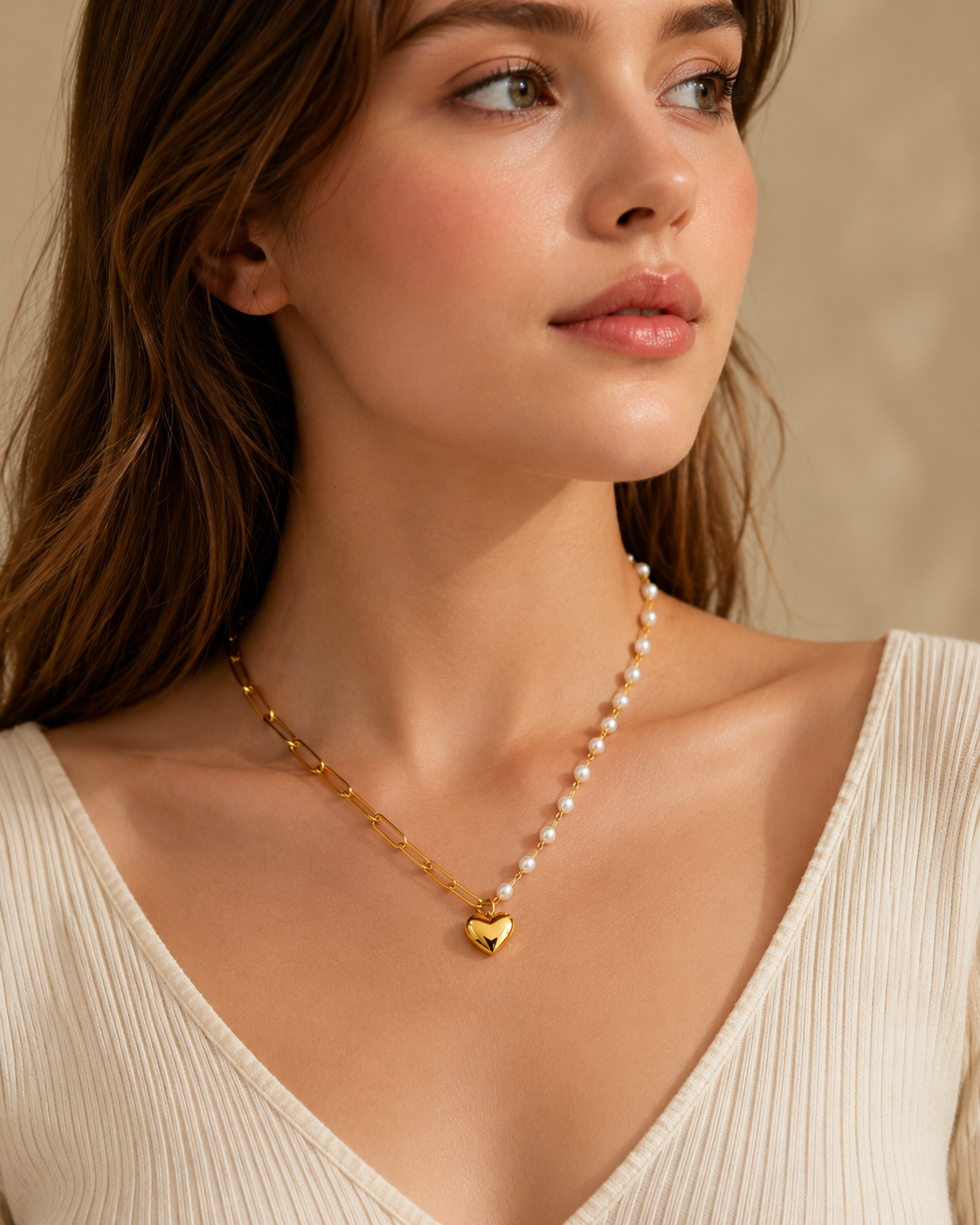 Gold-Plated Heart Pendant Pearl Chain Necklace | Stainless Steel Jewelry