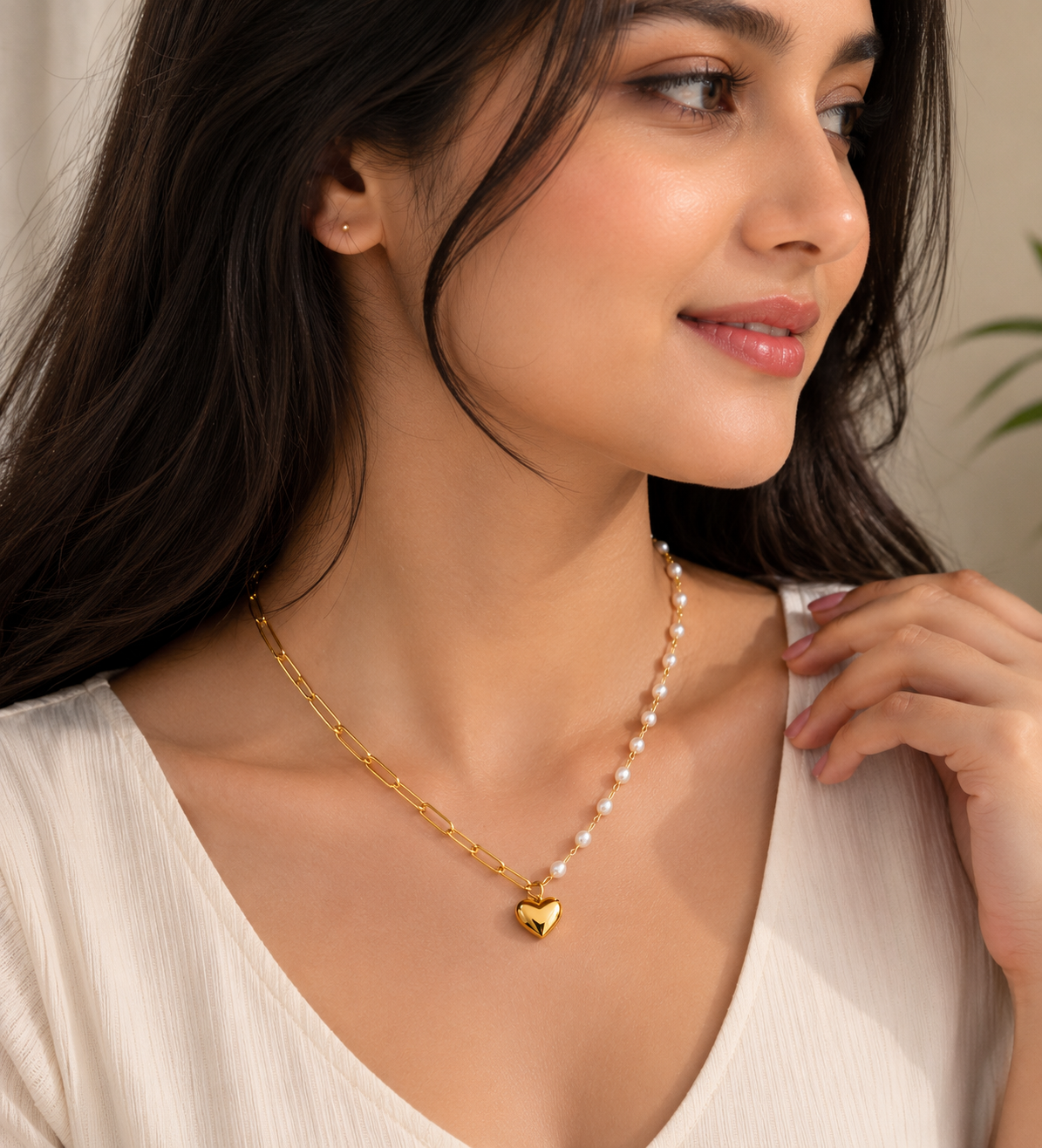 Gold-Plated Heart Pendant Pearl Chain Necklace | Stainless Steel Jewelry