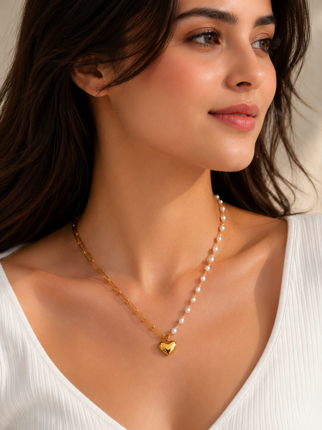 Gold-Plated Heart Pendant Pearl Chain Necklace | Stainless Steel Jewelry