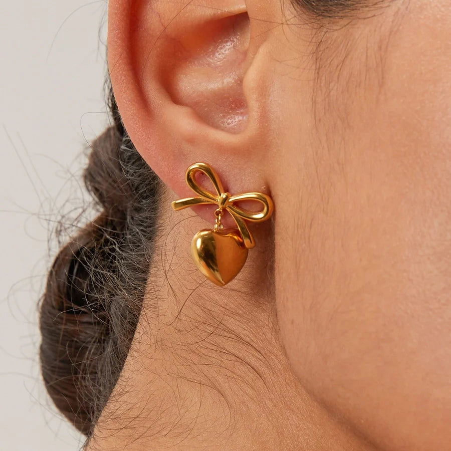 Elegant Gold Bow & Heart Earrings – Timeless Chic for Every Occasion