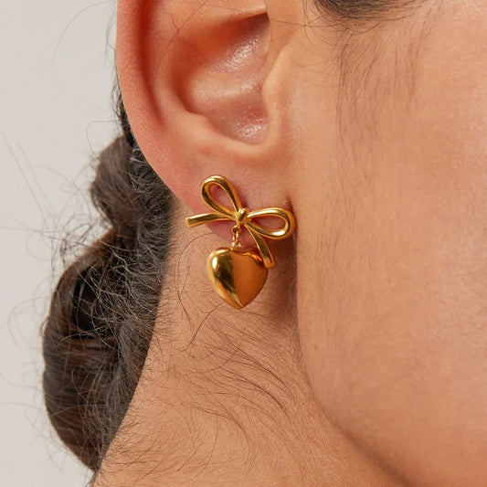 Elegant Gold Bow & Heart Earrings – Timeless Chic for Every Occasion