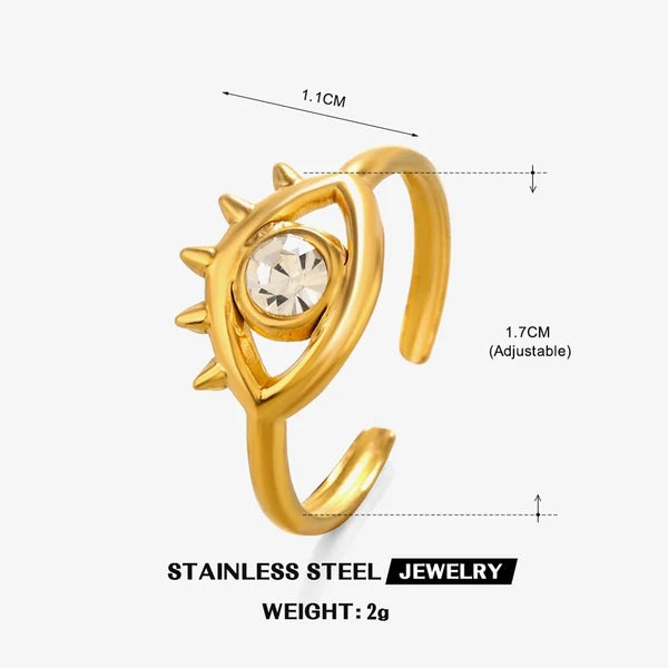 Gold Evil Eye Adjustable Ring – Dainty Stainless Steel Protection Jewelry with Crystal