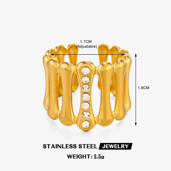 Bold Gold Statement Ring – Adjustable Stainless Steel Wide Band with Rhinestones