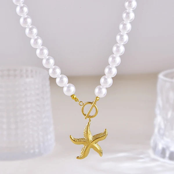 Elegant Pearl Necklace with Gold Starfish Pendant
