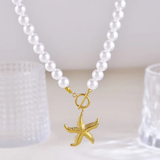 Elegant Pearl Necklace with Gold Starfish Pendant