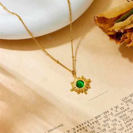Gold Sun Pendant Necklace with Green Gem – Boho Chic Jewelry