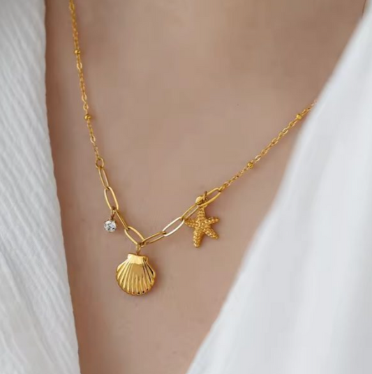 Gold Seashell & Starfish Charm Necklace – Ocean-Inspired Pendant