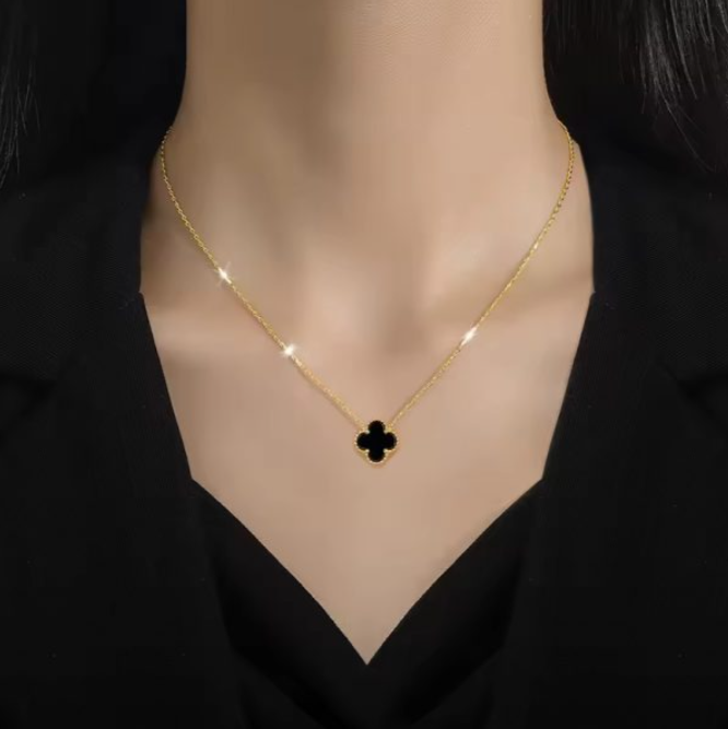 Gold Clover Necklace – Black and White Enamel Pendant (REVERSIBLE)
