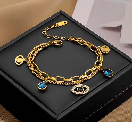 Gold Evil Eye Charm Bracelet – Blue Teardrop Gemstone Chain