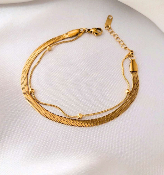 Double Layer Gold-Plated Stainless Steel Bracelet for Women – Elegant Beaded Chain Design