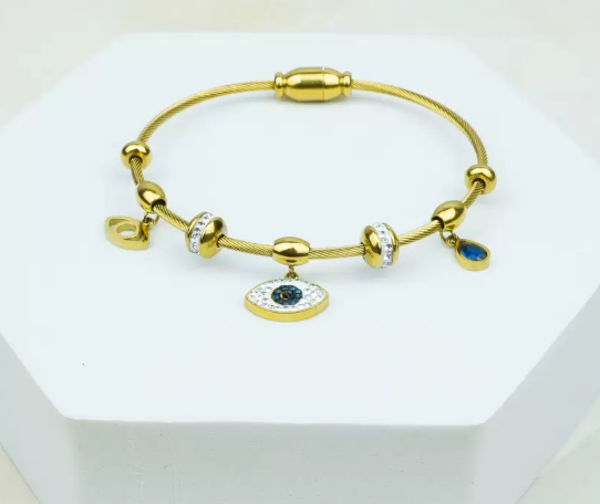 Gold Evil Eye Charm Bracelet with Diamond and Sapphire Accents