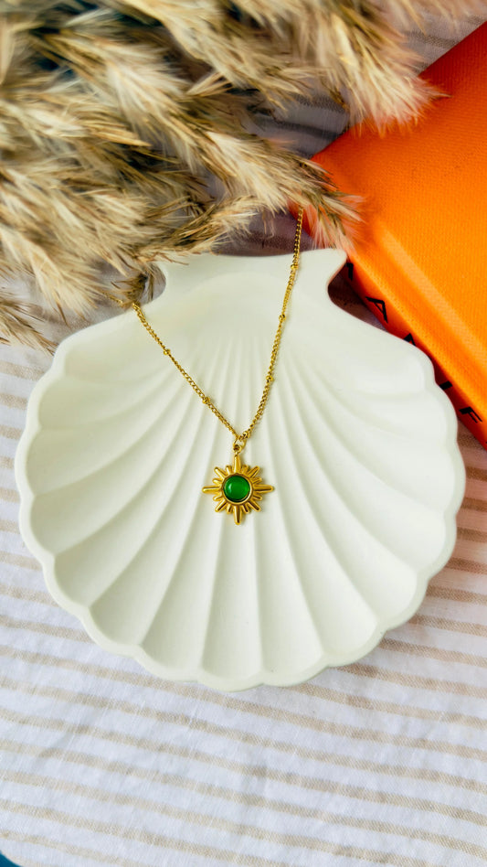 Gold Sun Pendant Necklace with Green Gem – Boho Chic Jewelry