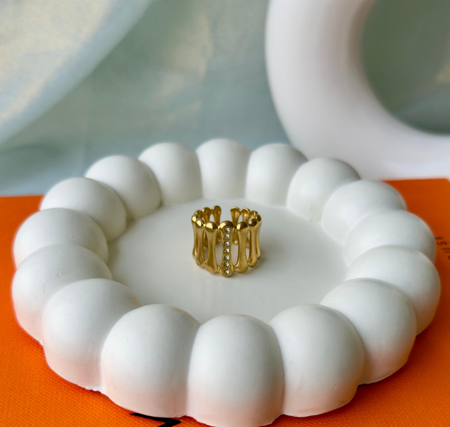 Bold Gold Statement Ring – Adjustable Stainless Steel Wide Band with Rhinestones