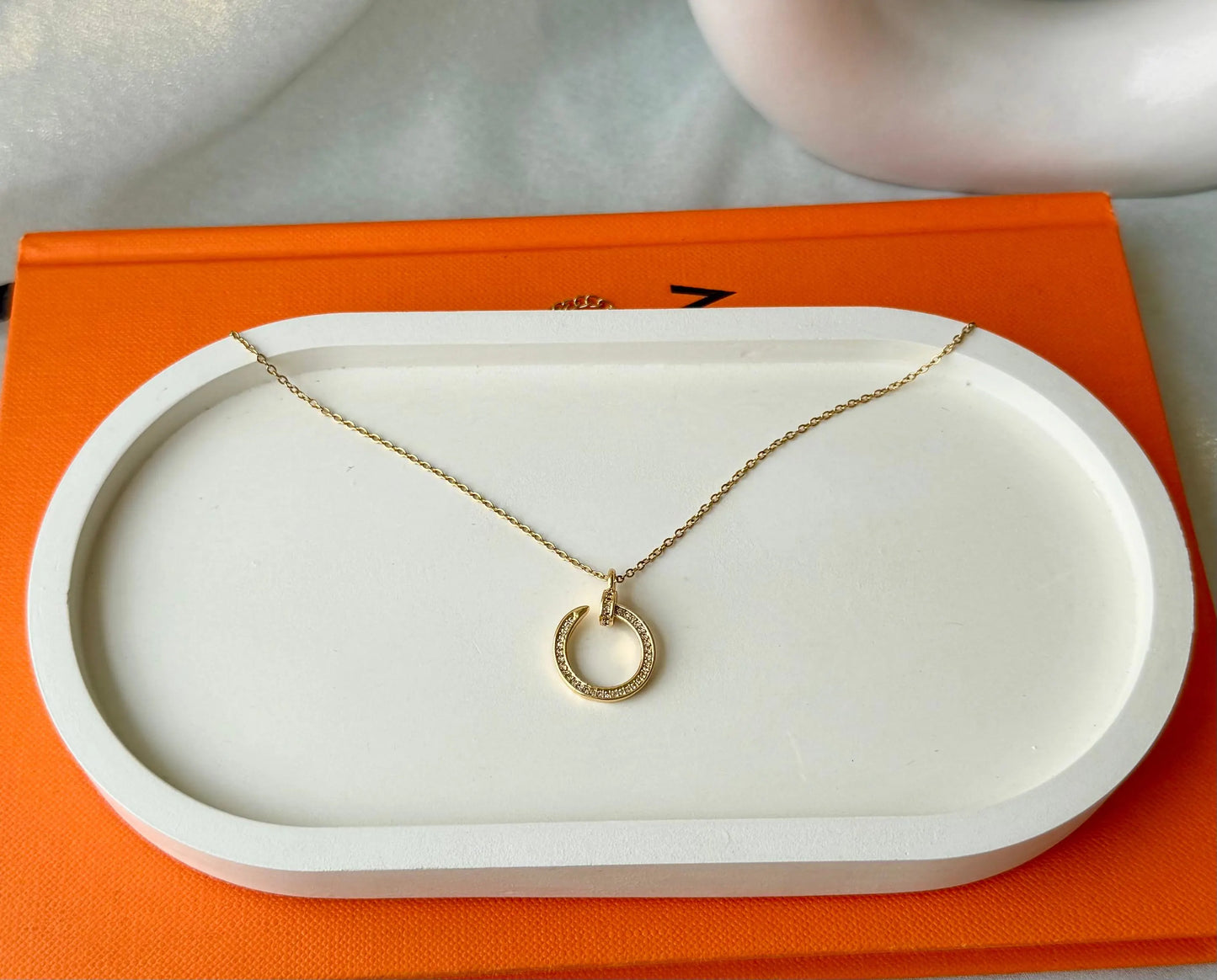 Gold-Plated Crescent Moon Pendant Necklace with Crystal Accents