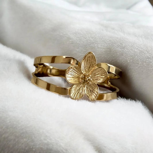 Luxury Gold-Plated Floral Bracelet with Dual Band and Detailed Flower Accent