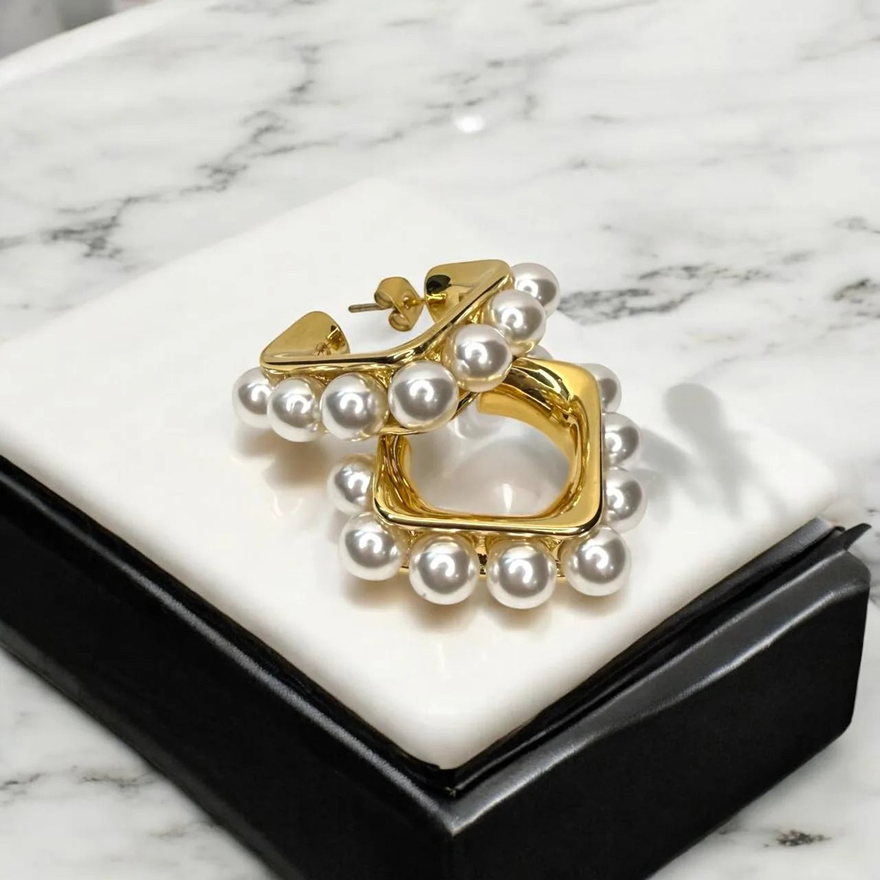Elegant Gold & Pearl Hoop Earrings - Square-Shaped Hoops with Faux Pearl Accents