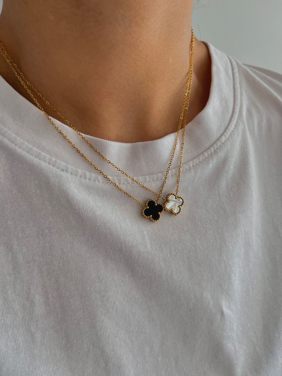 Gold Clover Necklace – Black and White Enamel Pendant (REVERSIBLE)