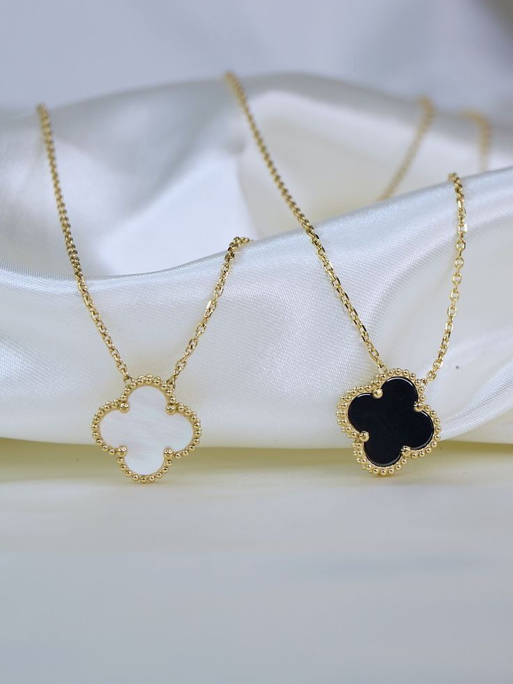 Gold Clover Necklace – Black and White Enamel Pendant (REVERSIBLE)