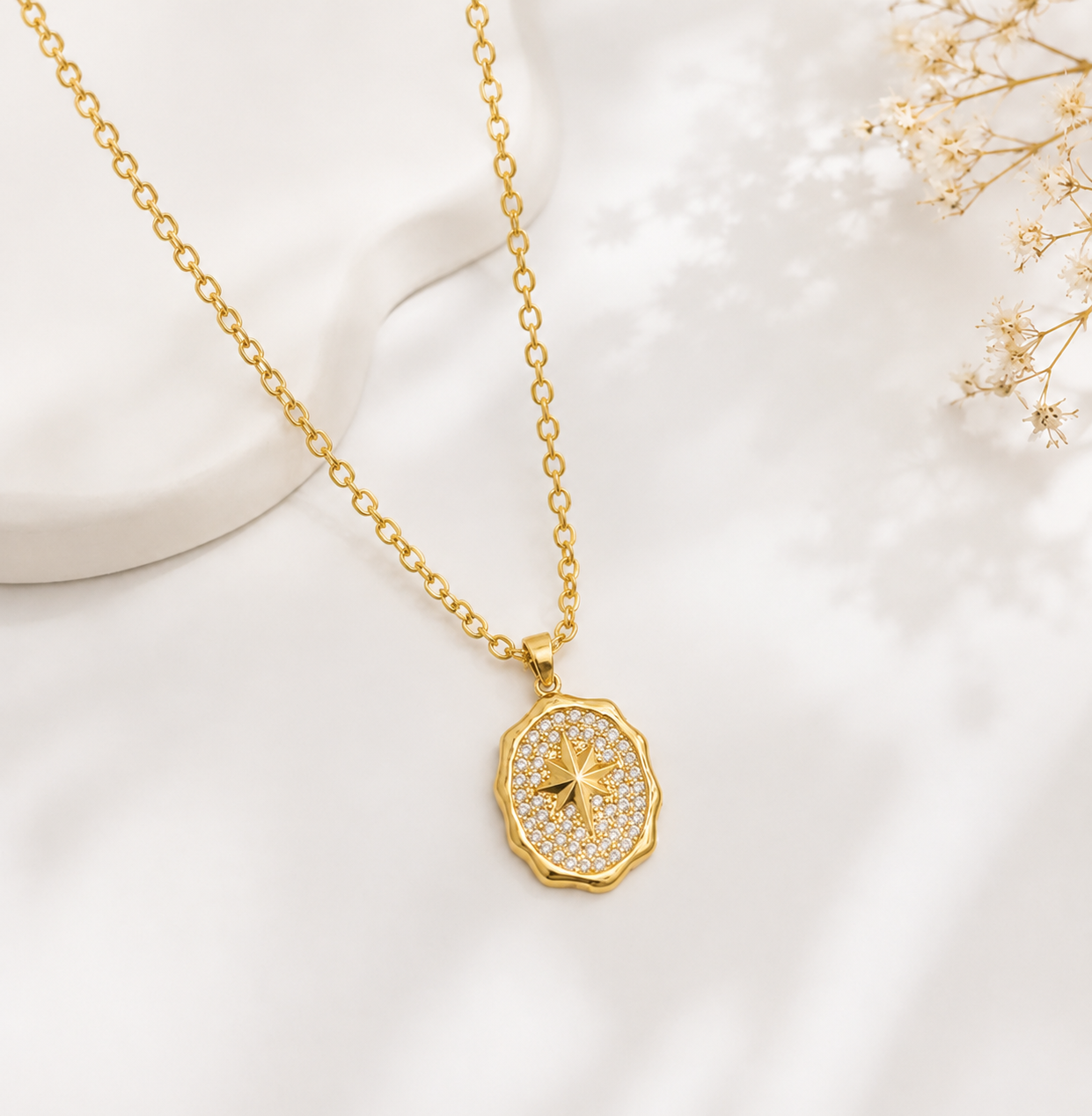 Gold Starburst Oval Pendant Necklace for Women