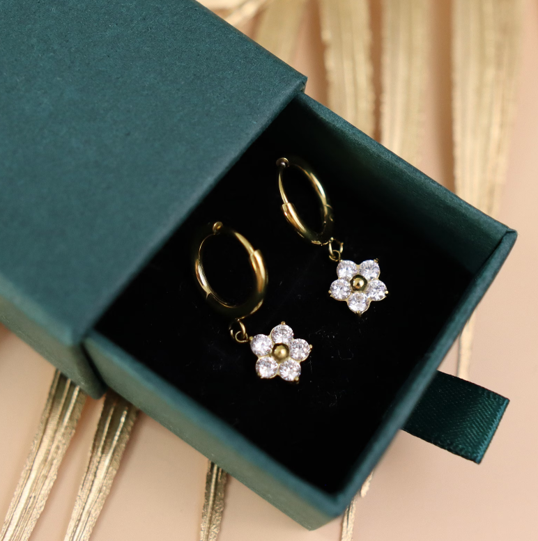 Gold-Plated Floral Hoop Earrings for Women | Stainless Steel Crystal Design