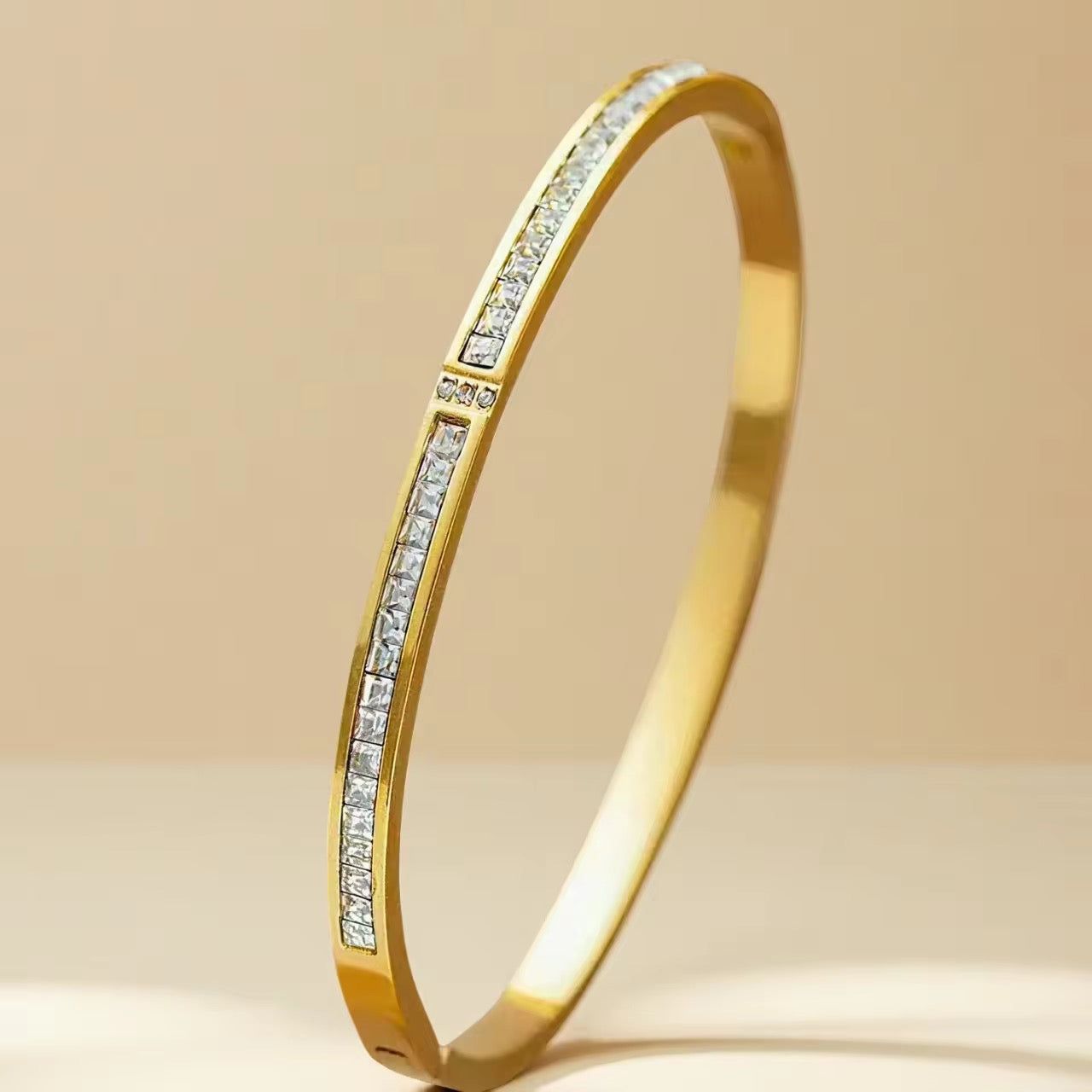 Gold Crystal Studded Stainless Steel Bangle Bracelet for Women