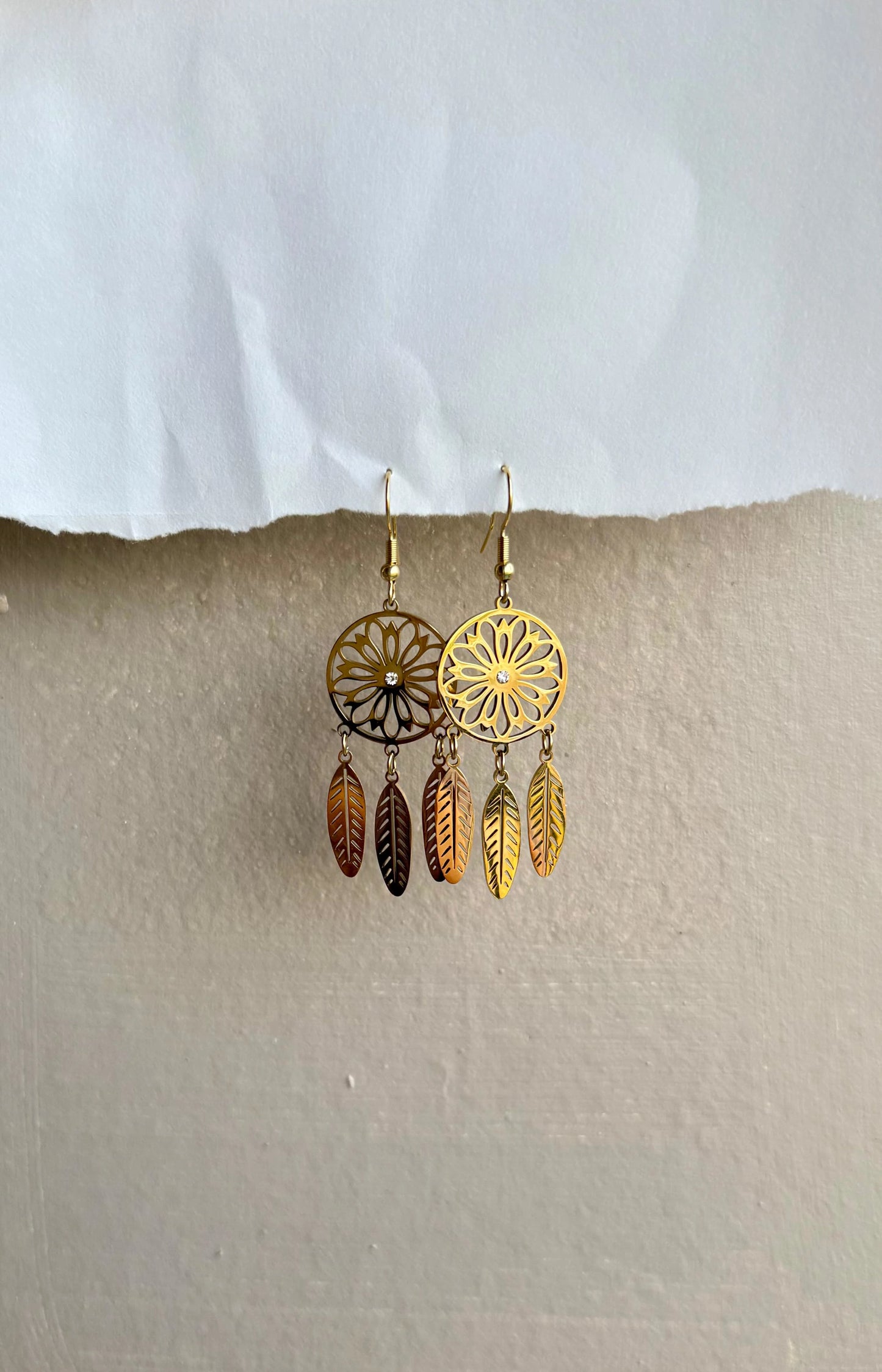 Elegant Gold Dreamcatcher Dangle Earrings with Floral Mandala Design and Feather Charms