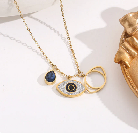 Rose Gold Evil Eye Necklace with Sapphire Teardrop Charm
