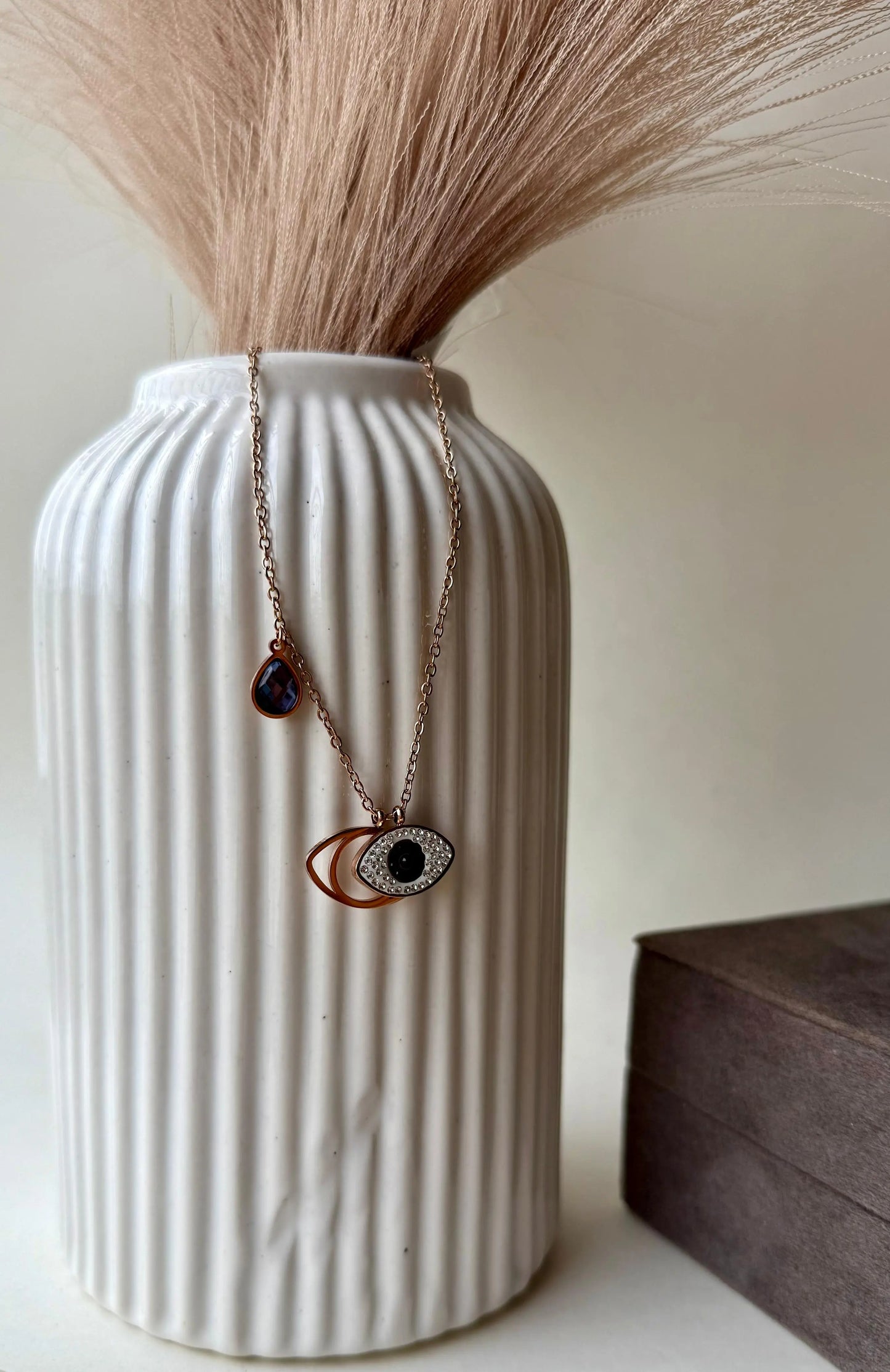 Rose Gold Evil Eye Necklace with Sapphire Teardrop Charm