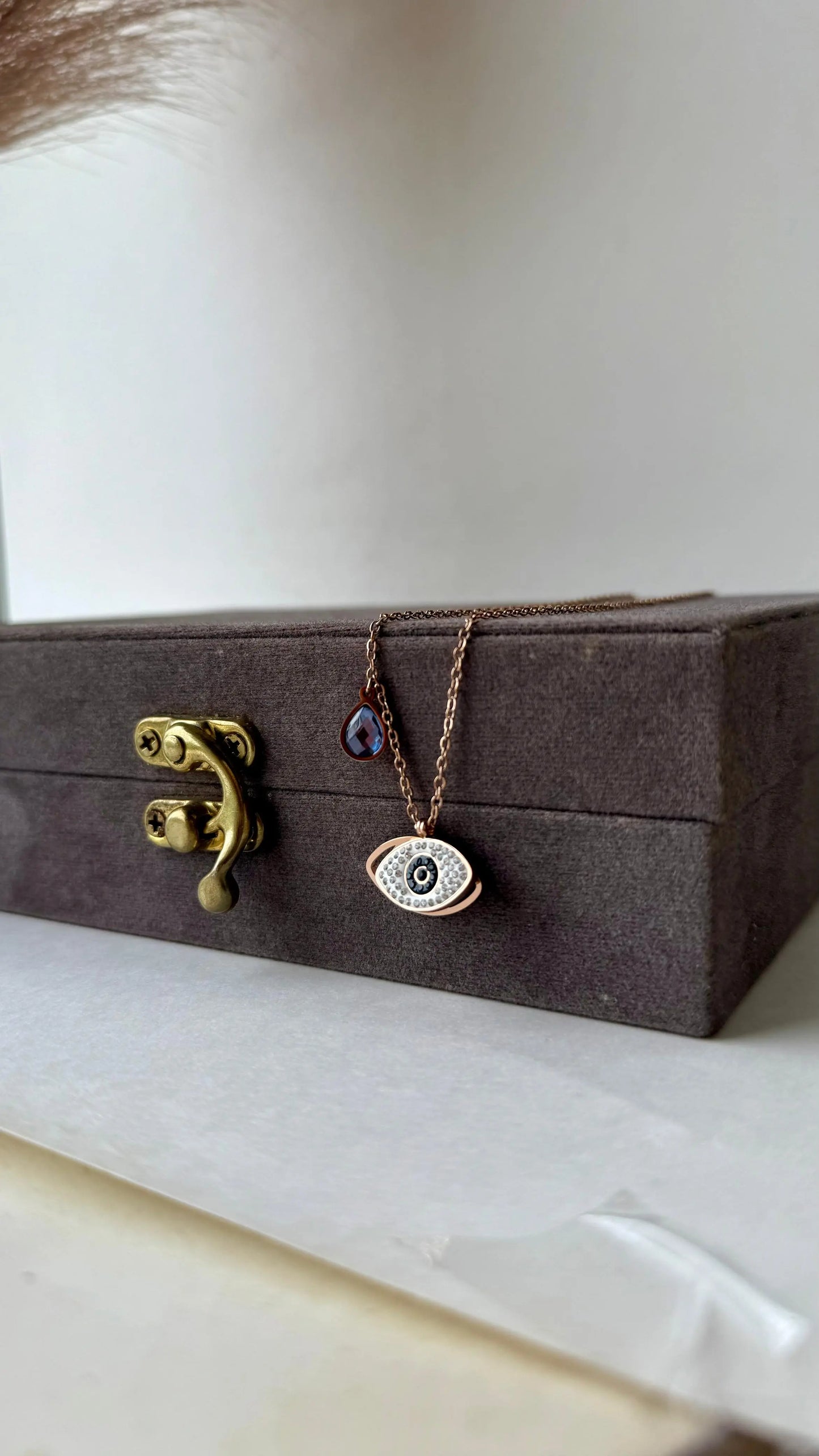 Rose Gold Evil Eye Necklace with Sapphire Teardrop Charm