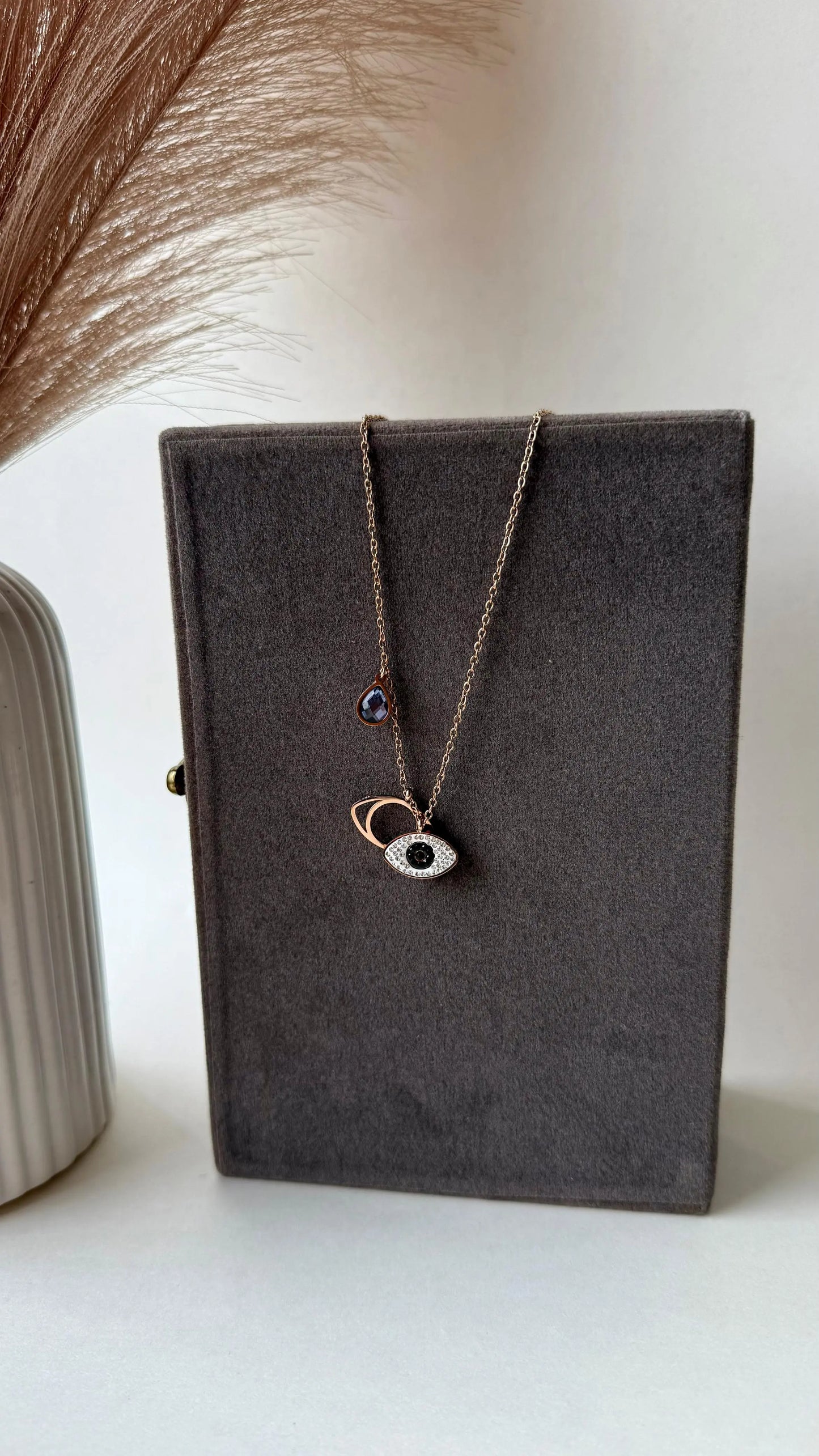 Rose Gold Evil Eye Necklace with Sapphire Teardrop Charm