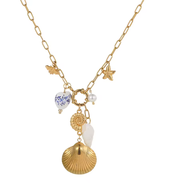 Coastal Charm Gold-Plated Necklace with Shell & Heart Pendants