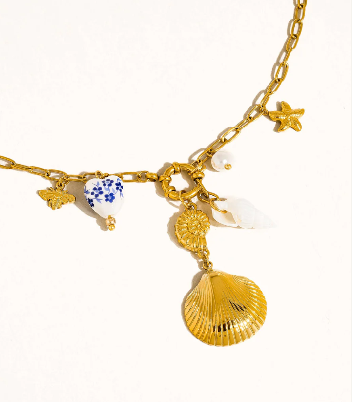 Coastal Charm Gold-Plated Necklace with Shell & Heart Pendants