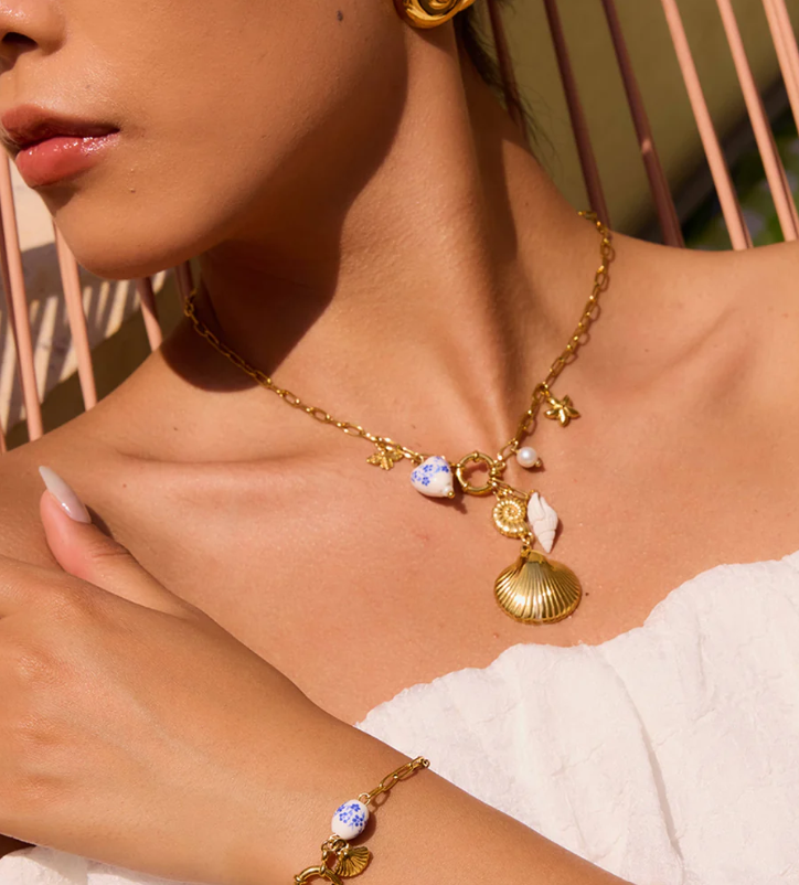 Coastal Charm Gold-Plated Necklace with Shell & Heart Pendants
