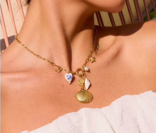 Coastal Charm Gold-Plated Necklace with Shell & Heart Pendants