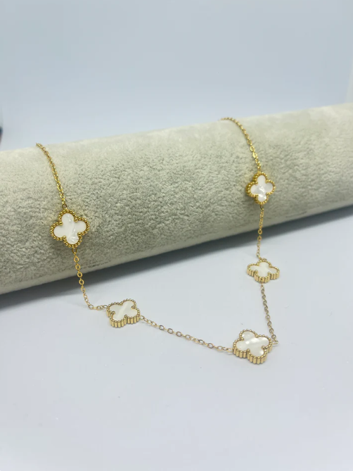 Elegant Gold Clover Necklace with Mother of Pearl Inlay - Four-Leaf Clover Pendant Chain