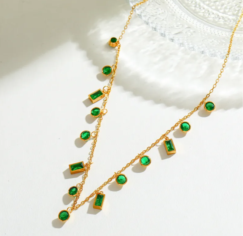 Green Gemstone Charm Necklace | Anti-Tarnish Stainless Steel | Elegant Dainty Jewelry for Women
