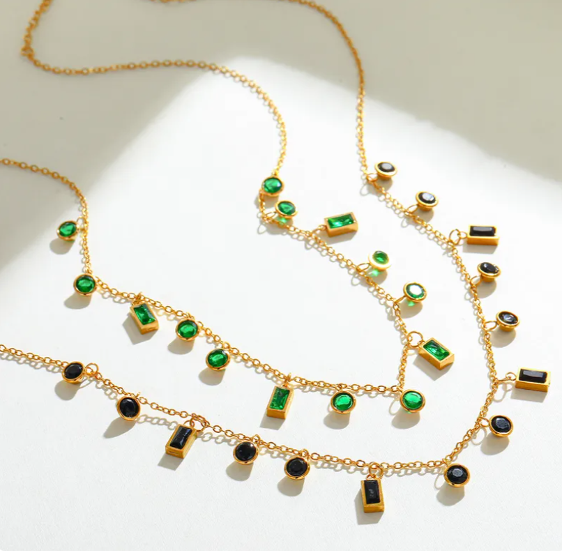 Green Gemstone Charm Necklace | Anti-Tarnish Stainless Steel | Elegant Dainty Jewelry for Women