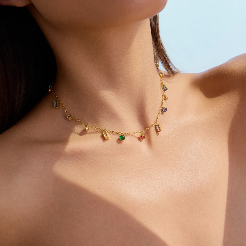 Rainbow Gemstone Necklace | Anti-Tarnish Stainless Steel Gold Chain | Waterproof Colorful Jewelry for Women