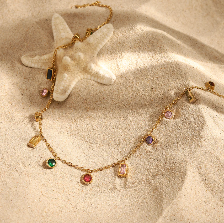 Rainbow Gemstone Necklace | Anti-Tarnish Stainless Steel Gold Chain | Waterproof Colorful Jewelry for Women