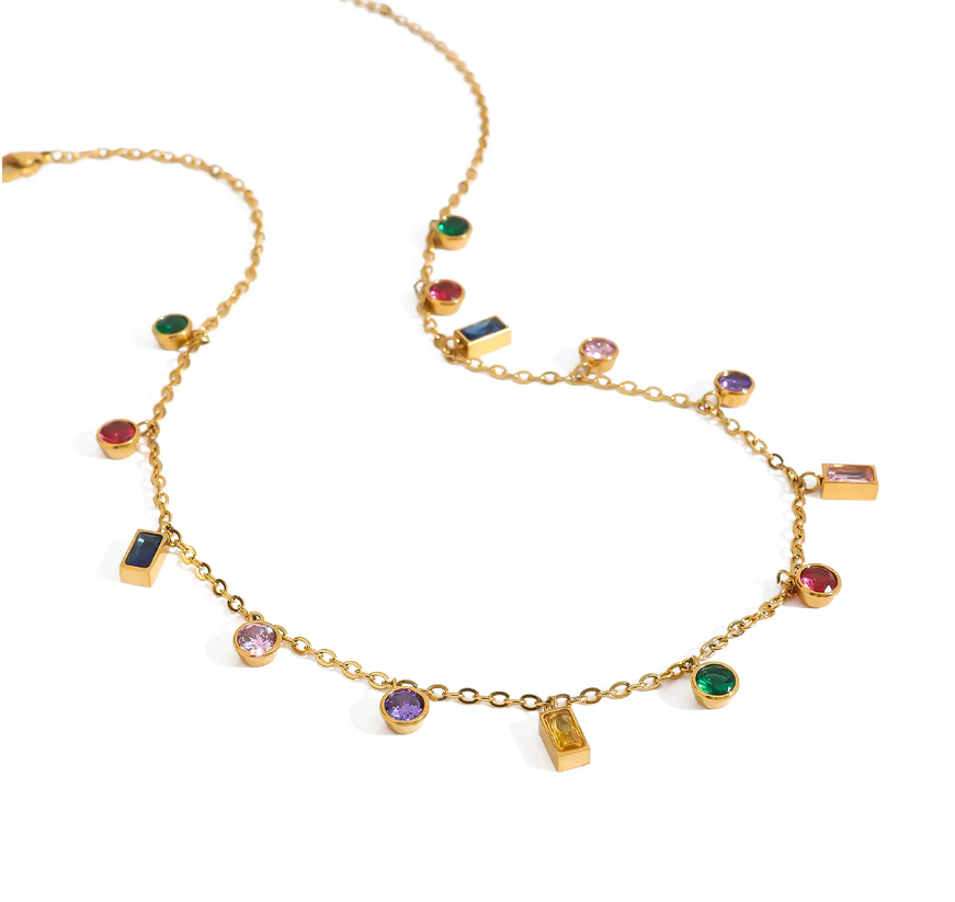 Rainbow Gemstone Necklace | Anti-Tarnish Stainless Steel Gold Chain | Waterproof Colorful Jewelry for Women