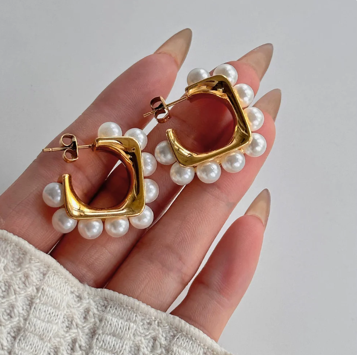 Elegant Gold & Pearl Hoop Earrings - Square-Shaped Hoops with Faux Pearl Accents