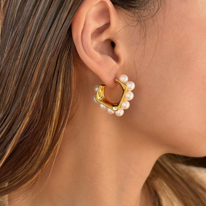 Elegant Gold & Pearl Hoop Earrings - Square-Shaped Hoops with Faux Pearl Accents