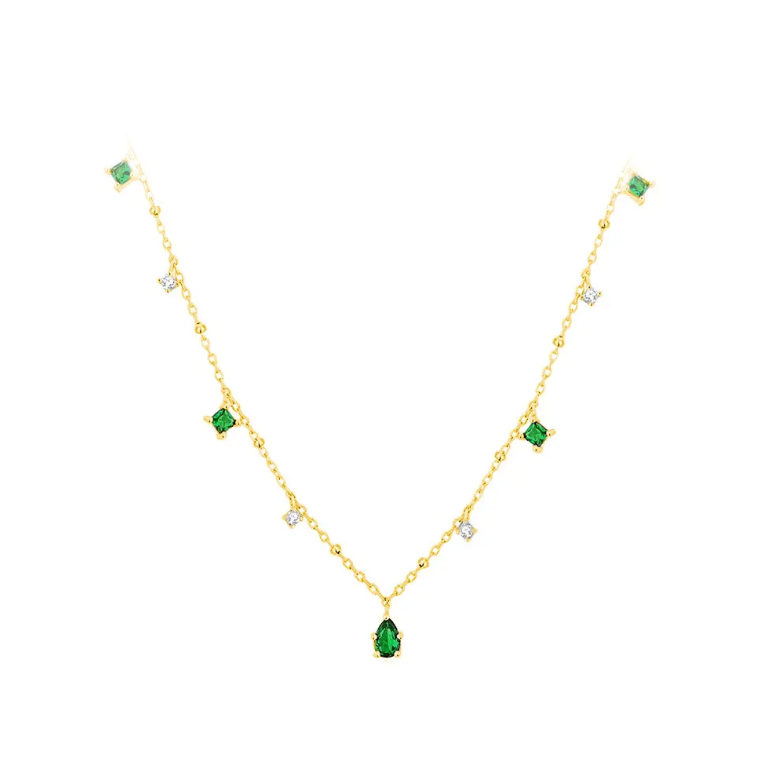 Gold Necklace with Emerald and Crystal Gemstones – Elegant and Sparkling Design