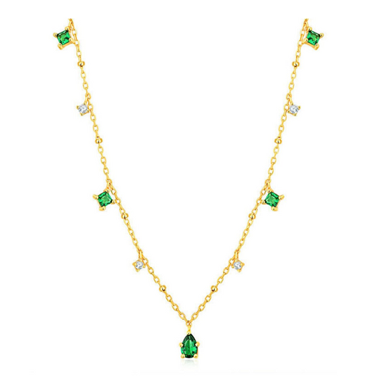 Gold Necklace with Emerald and Crystal Gemstones – Elegant and Sparkling Design
