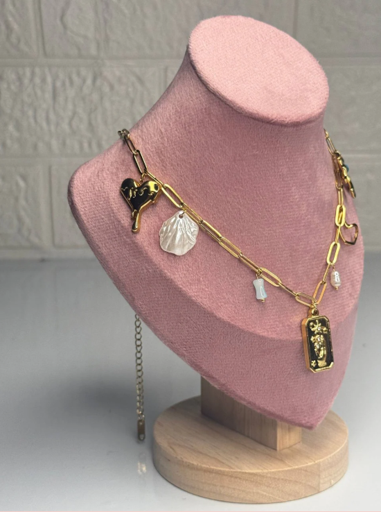 Gold-Plated Stainless Steel Charm Necklace – Anti-Tarnish Paperclip Chain with Heart, Bow & Pearl Accents