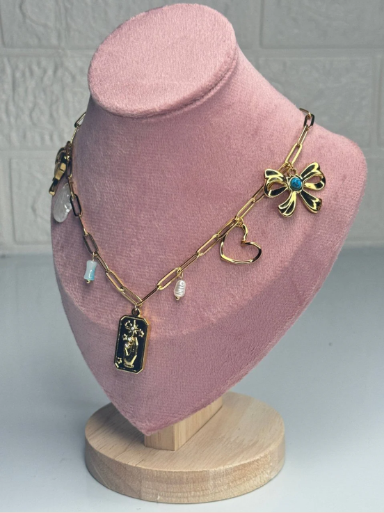 Gold-Plated Stainless Steel Charm Necklace – Anti-Tarnish Paperclip Chain with Heart, Bow & Pearl Accents