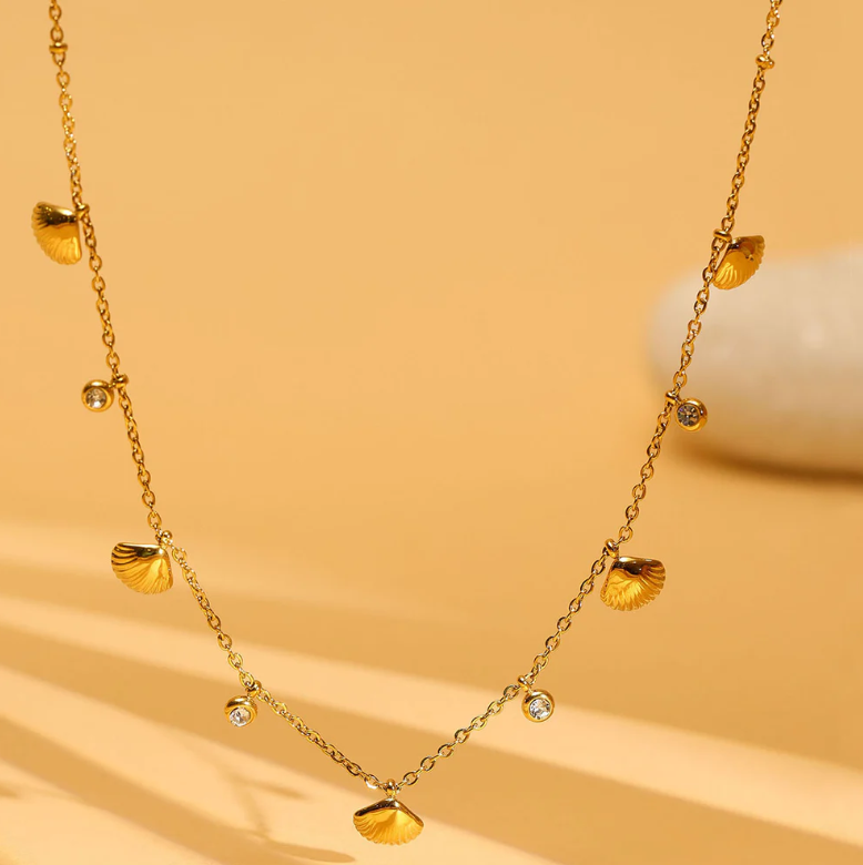 Gold Seashell & Crystal Charm Necklace | Stainless Steel Anti-Tarnish Layered Chain Jewelry