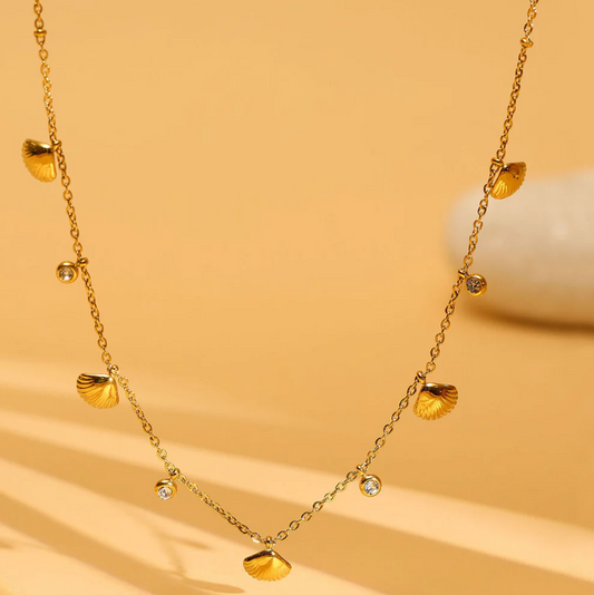 Gold Seashell & Crystal Charm Necklace | Stainless Steel Anti-Tarnish Layered Chain Jewelry