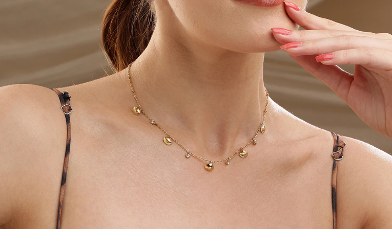 Gold Seashell & Crystal Charm Necklace | Stainless Steel Anti-Tarnish Layered Chain Jewelry